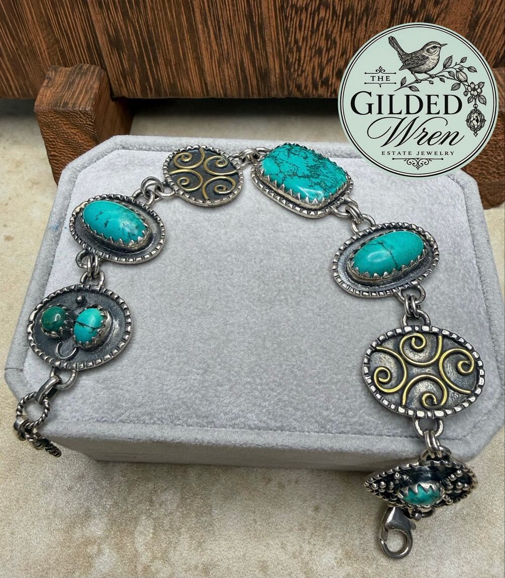Chapin & Hollister C&H Sterling Silver Blue Green Cabochon 8” Link Bracelet